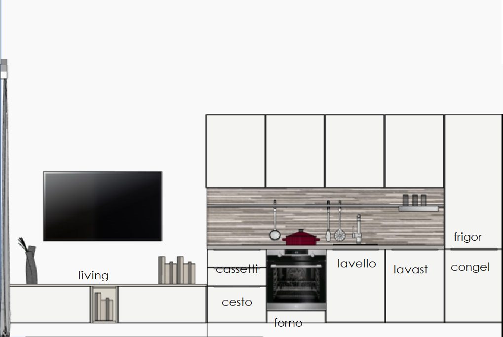 cucina lineare bianca 3 metri con living progetto di fontana arreda interior designer milano