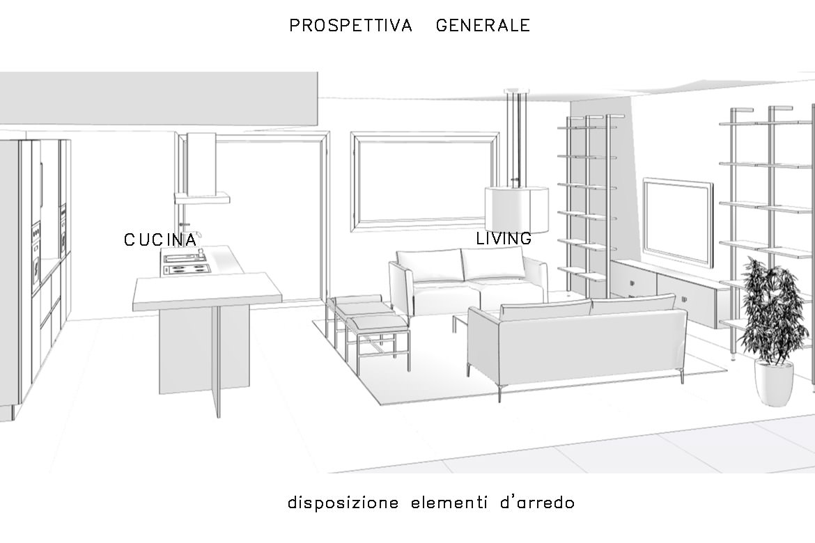 fontana arreda milano interior designer architetto progetto arredamento su misura locale open space living cucina prospettiva generale rendering disegno tecnico