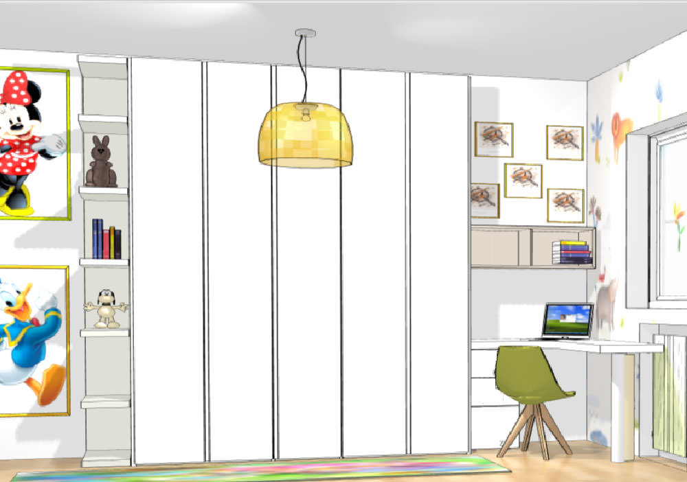 fontana arreda milano interior designer progetto cameretta parete armadio nastro pianca con libreria e scrivania domino 