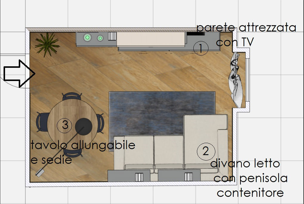 planimetria soggiorno con arredamento progetto di fontanamiarreda interior designer milano via vigevano