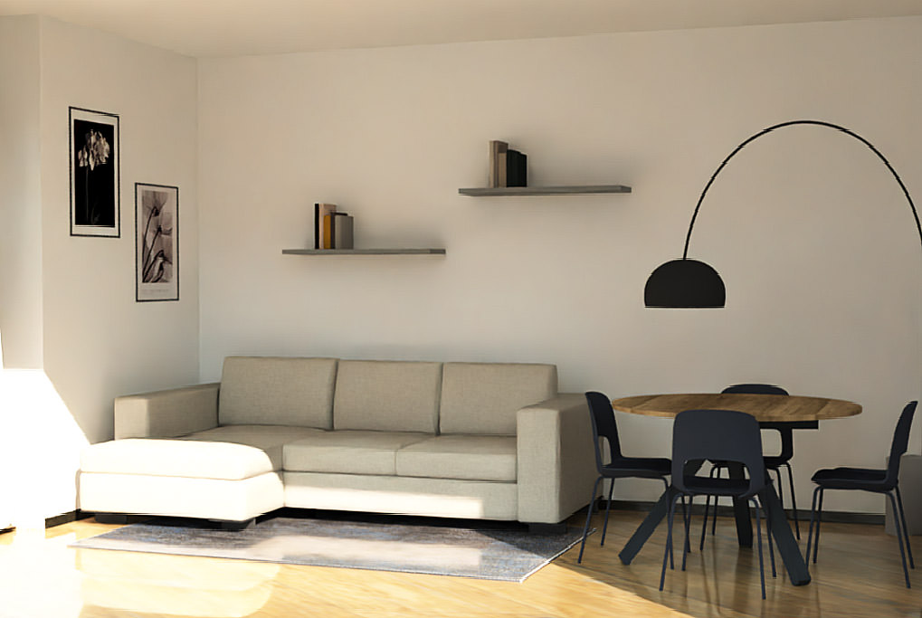 rendering 3d progetto soggiorno tavolo connubia calligaris rotondo allungabile divano letto biel gienne progetto di fontanamiarreda interior designer milano