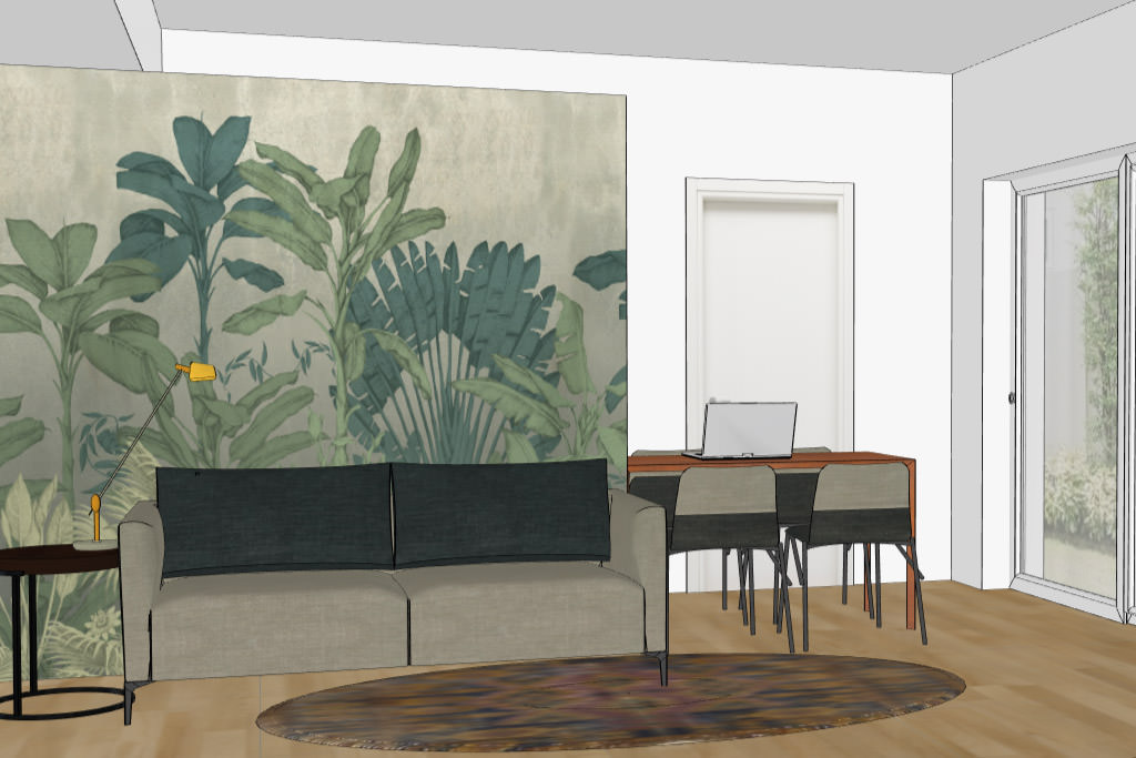 disegno di un divano appoggiato a una parete con carta da parati a fiori